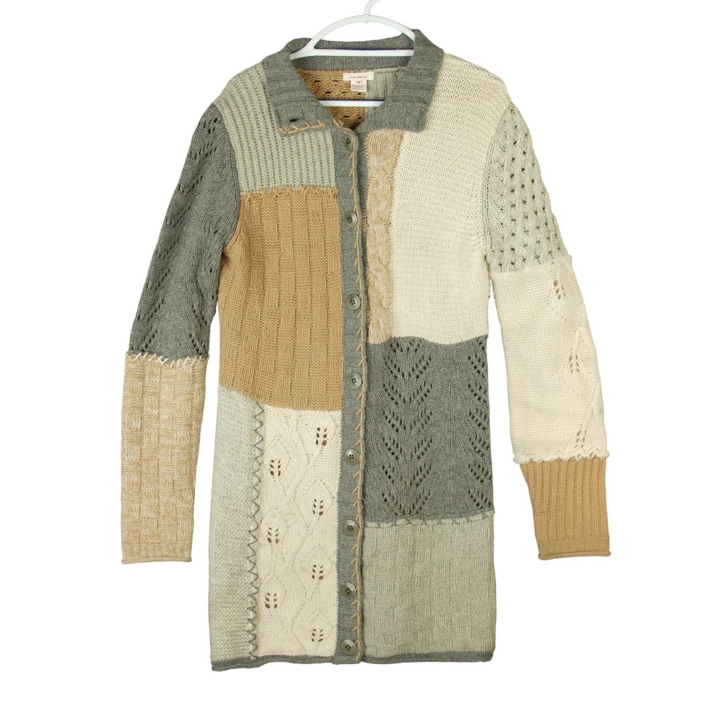 Sundance Wool Patchwork Duster CardiganSweater Womens Medium Button Cottage Boho